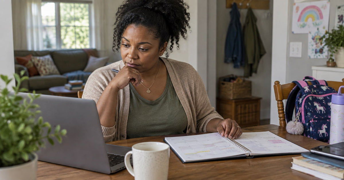 A parent reviews a laptop beside a paper calendar and a child's backpack.
