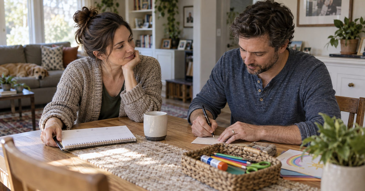 Two adults discuss one household task with a notebook and a small basket of art supplies.