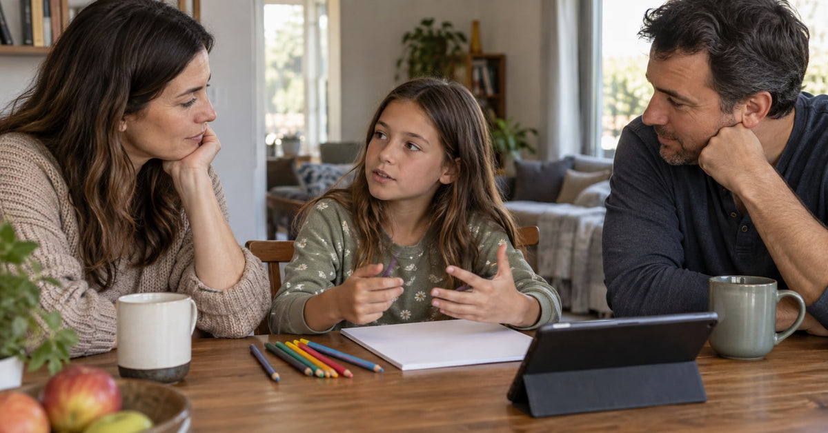 A child and two adults discuss a family screen-time plan at a table.