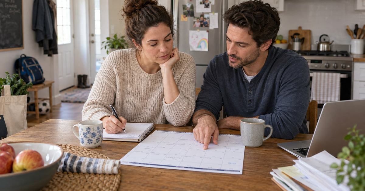 Two adults compare calendars and write down household plans for the week.