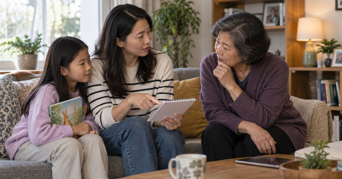 A parent discusses an evening routine with a grandmother while a child holds a book.