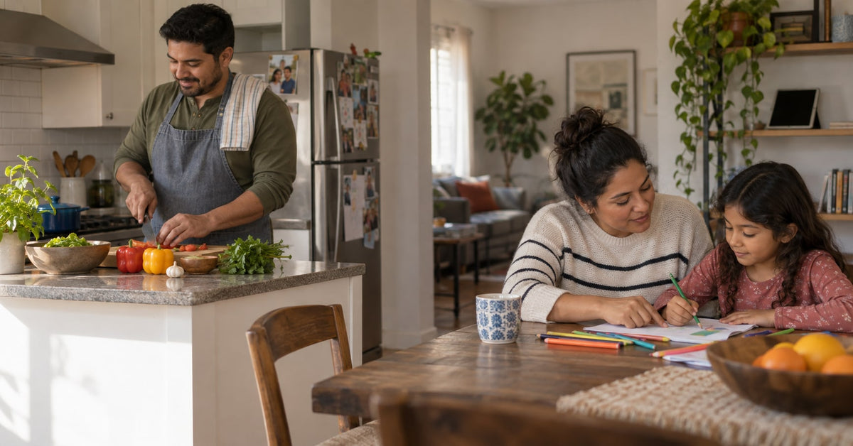 One adult helps a child start drawing while another prepares dinner.