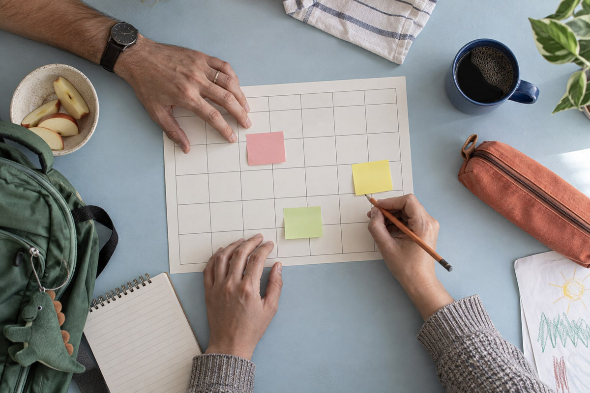 Two adults arrange notes on a weekly calendar, viewed from above.