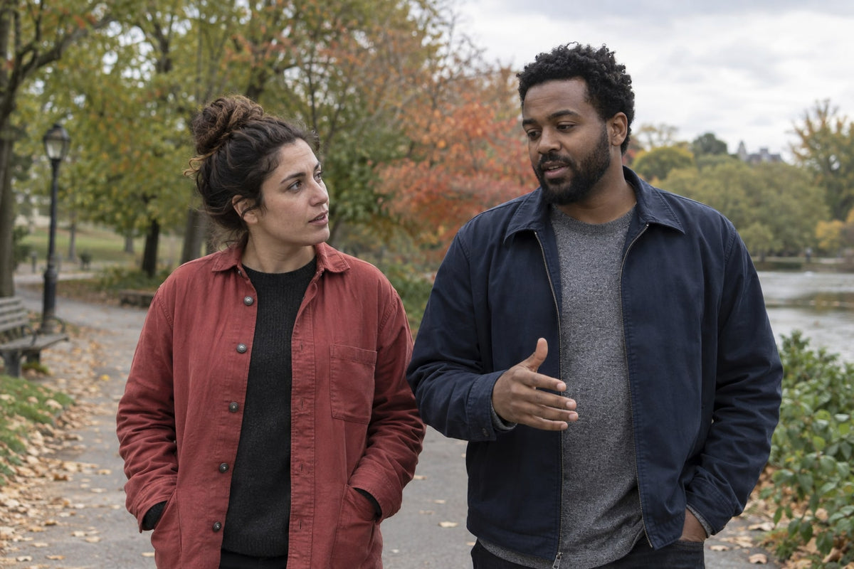 Two adults talk while walking along a park path.