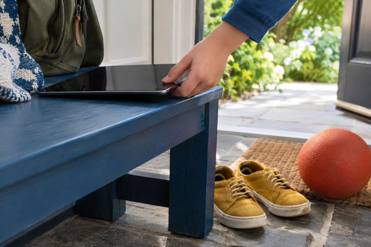 A hand places a tablet on a blue bench beside shoes and a ball.