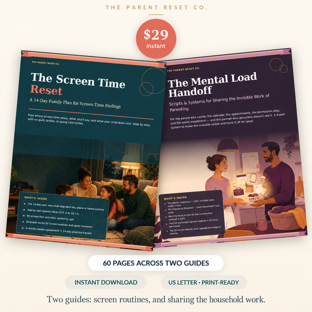 Covers of The Screen Time Reset and The Mental Load Handoff in The Calm Household Kit. $29 instant download, 60 pages across two printable guides.