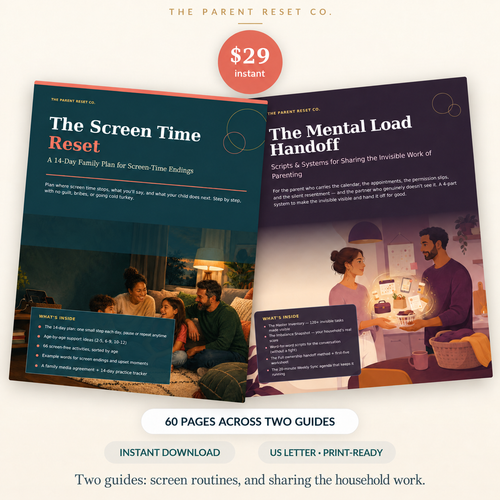 Covers of The Screen Time Reset and The Mental Load Handoff in The Calm Household Kit. $29 instant download, 60 pages across two printable guides.