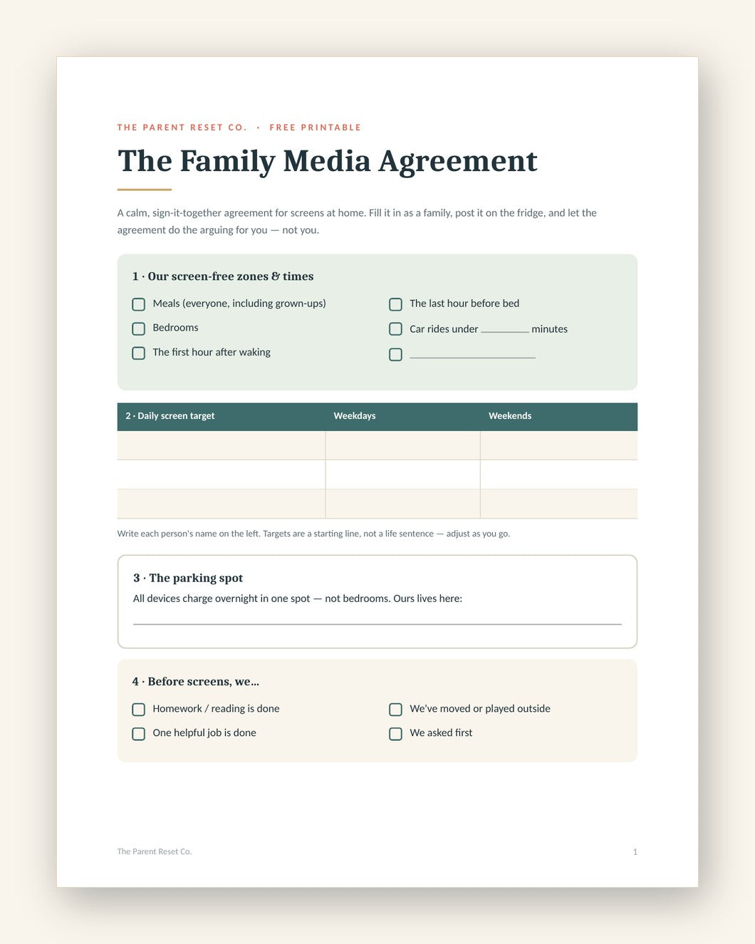 Preview of the free Family Media Agreement printable, showing spaces to write screen-free zones and times, a daily screen target, a charging spot, and a before-screens checklist