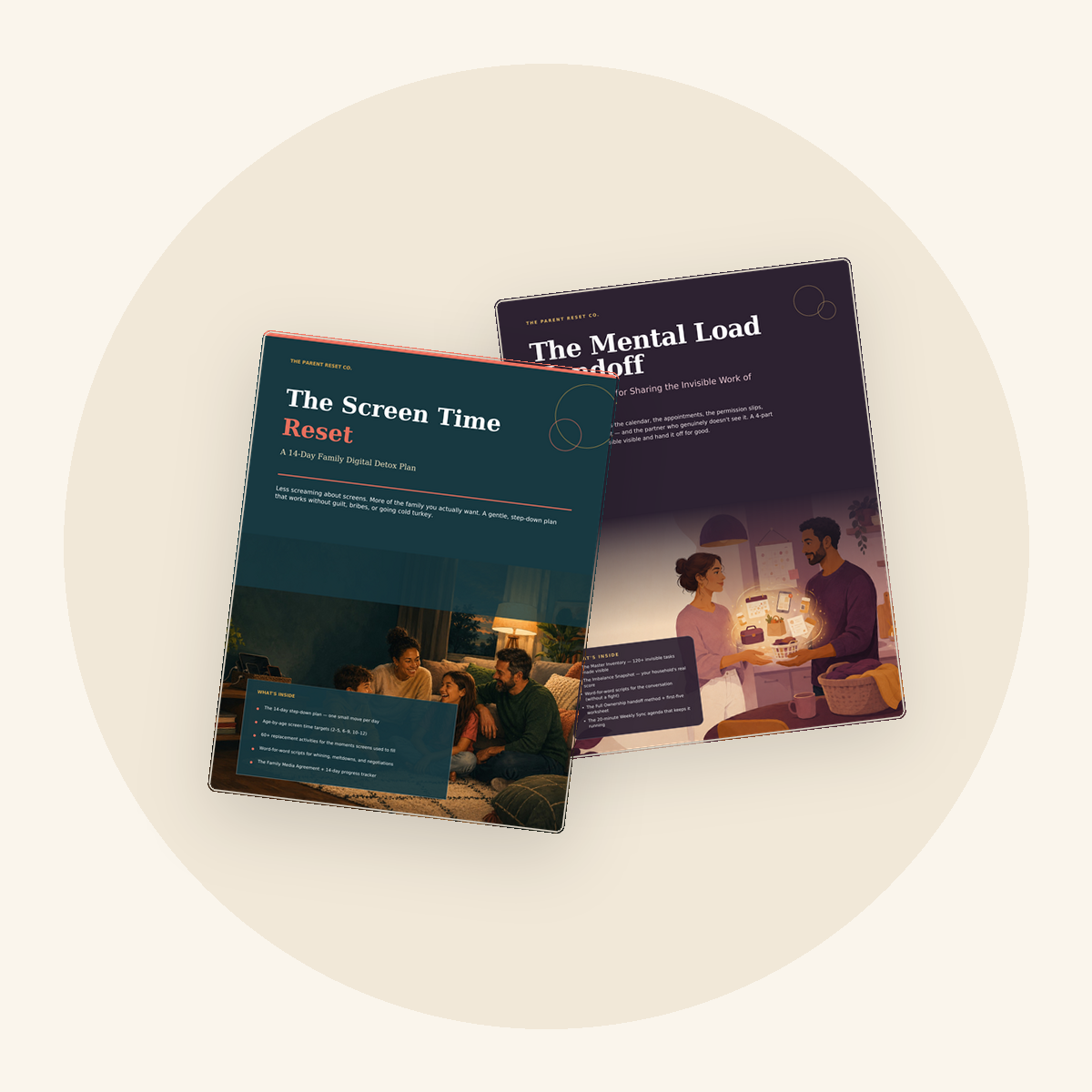The two guides included in The Calm Household Kit: The Screen Time Reset and The Mental Load Handoff