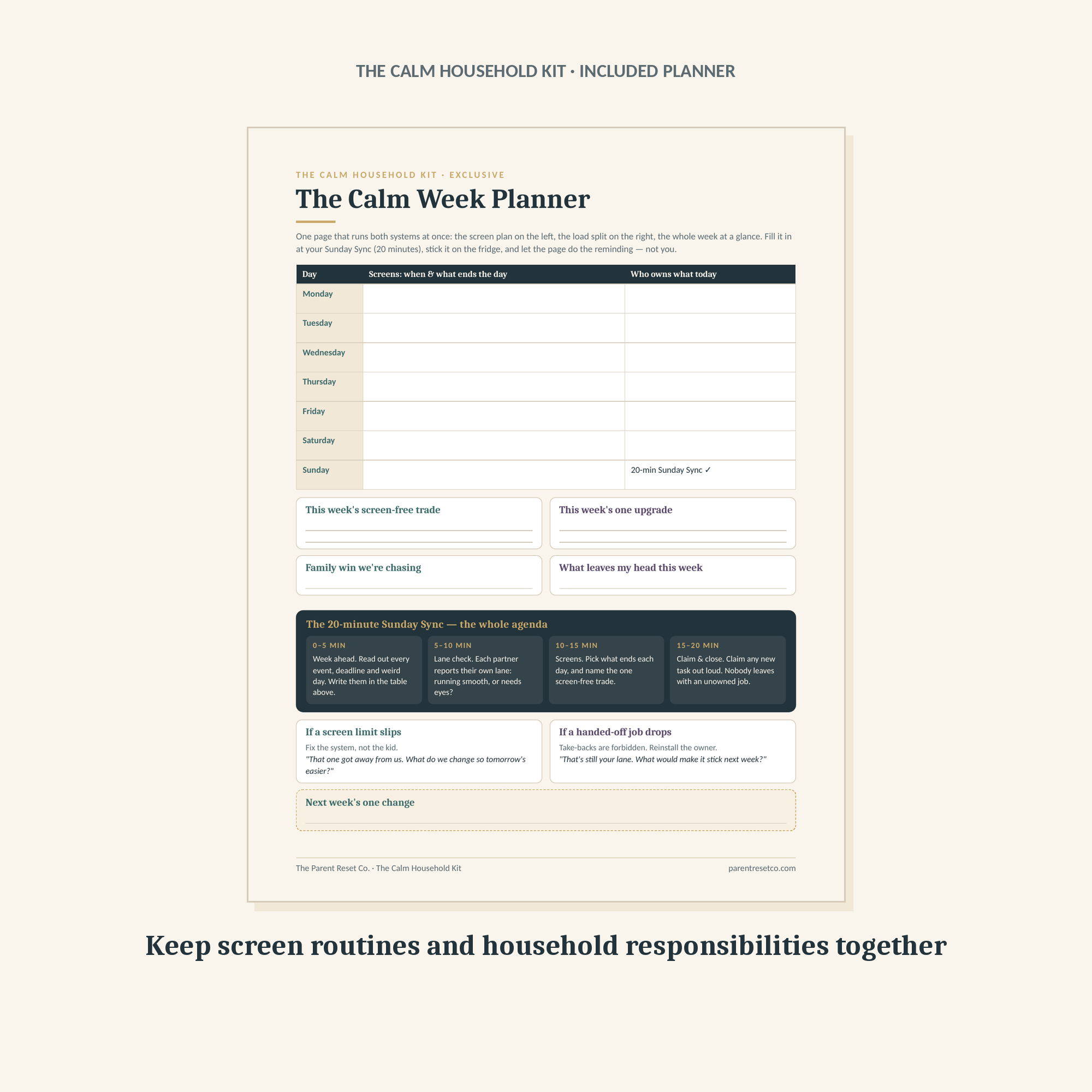 Keep screen routines and household responsibilities together with the Kit's Calm Week Planner. A page from The Calm Household Kit.