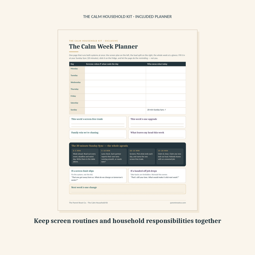 The Calm Week Planner: a one-page weekly sheet with a row for each day, a column for what ends that day's screen time, a column for who owns what, and a short weekly review agenda