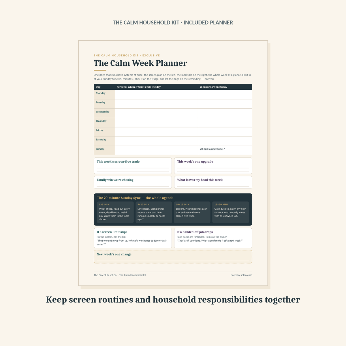 The Calm Week Planner: a one-page weekly sheet with a row for each day, a column for what ends that day's screen time, a column for who owns what, and a short weekly review agenda