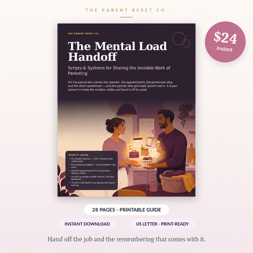Close-up cover preview of The Mental Load Handoff, with $24 price and 28-page printable guide details.