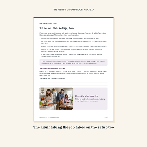 Page 15 of the guide, written for the adult taking a job on: what setup and reminders they handle themselves