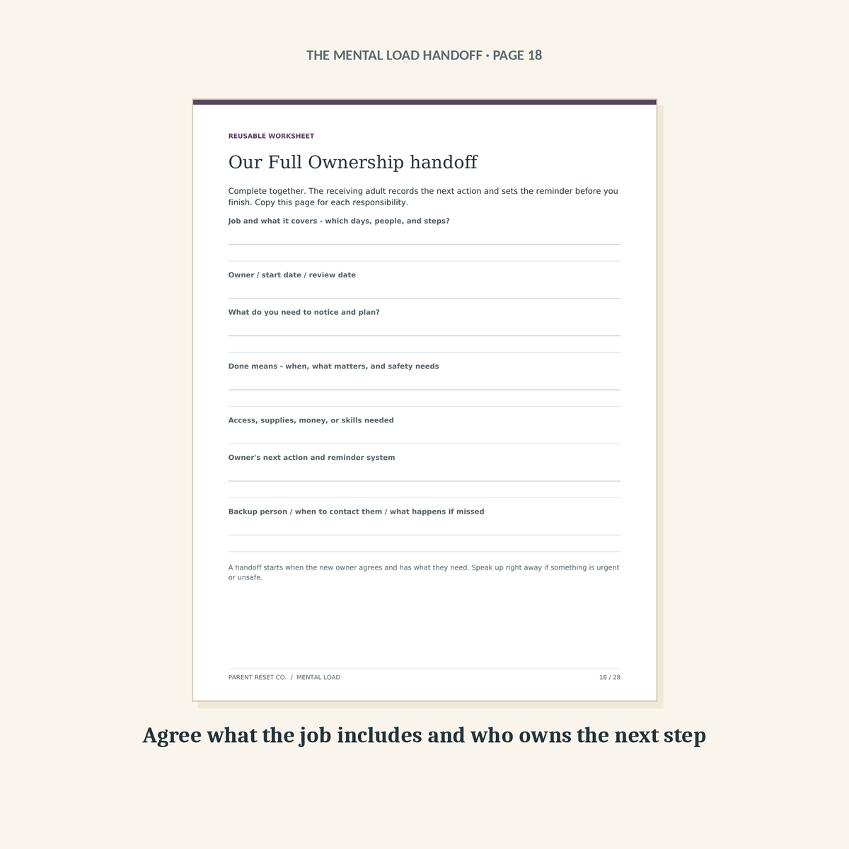 Blank reusable handoff worksheet for agreeing what a job includes and who owns the next step