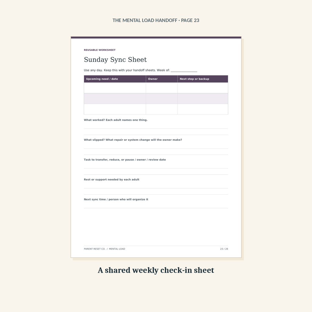 The Sunday Sync Sheet, a printable page for a shared weekly check-in