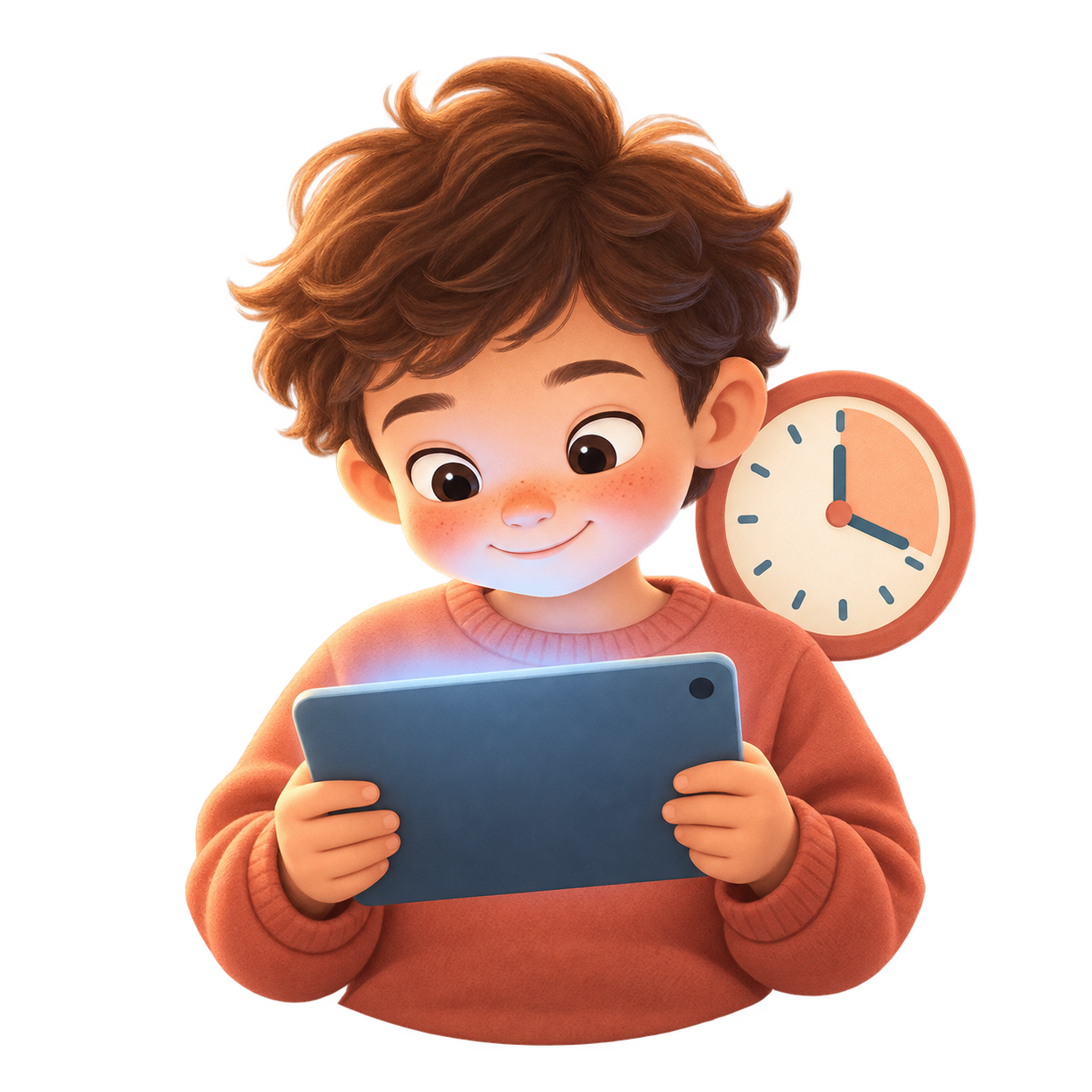 Illustration of a child watching a tablet beside a clock
