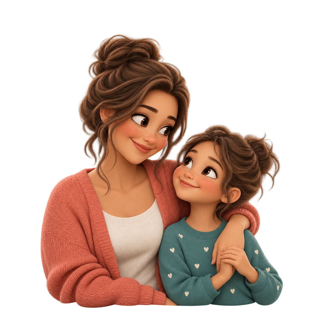 Illustration of a smiling mom with her arm around her young daughter, who looks up at her