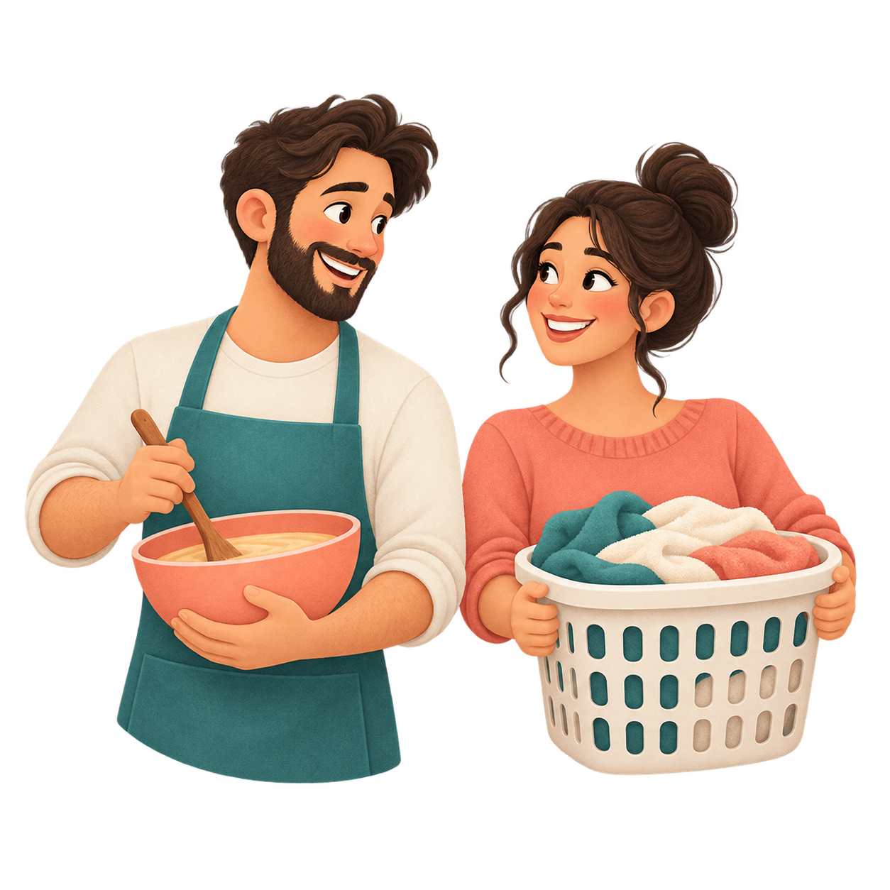 Illustration of two parents sharing household work, one cooking and one carrying laundry