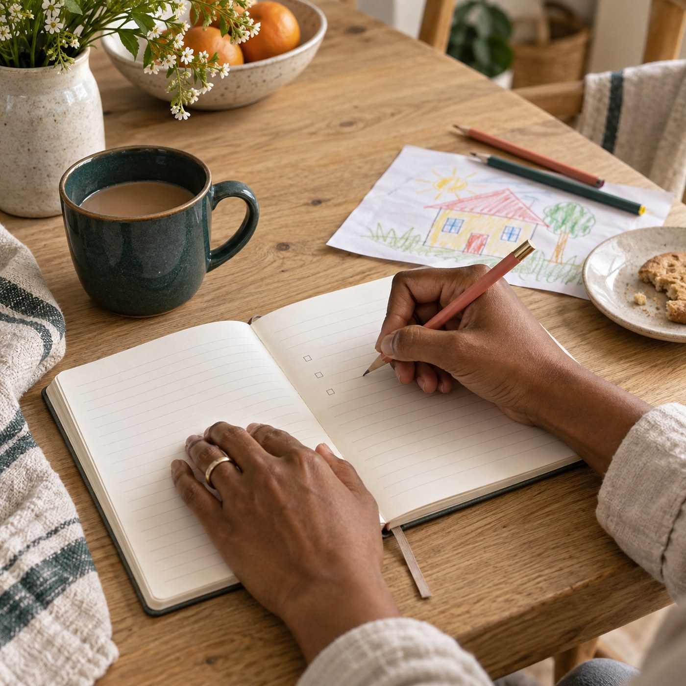 A parent at a kitchen table writing a short list in a notebook, beside a mug of tea and a child's crayon drawing of a house