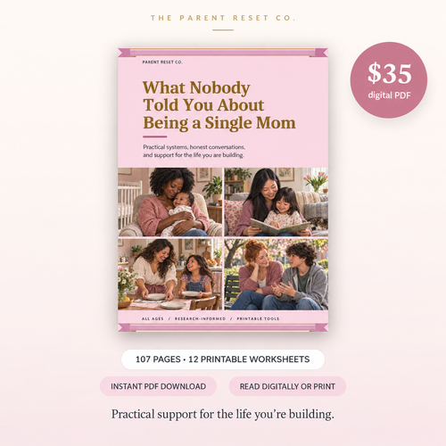 What Nobody Told You About Being a Single Mom digital guide, with its pink-and-gold cover, $35 price, 107 pages, and 12 printable worksheets. Instant PDF download; read digitally or print.