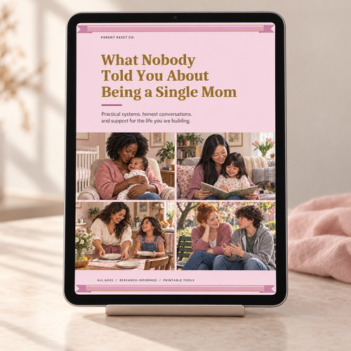 Digital PDF guide displayed on a tablet, with the pink-and-gold cover of What Nobody Told You About Being a Single Mom. Device not included.