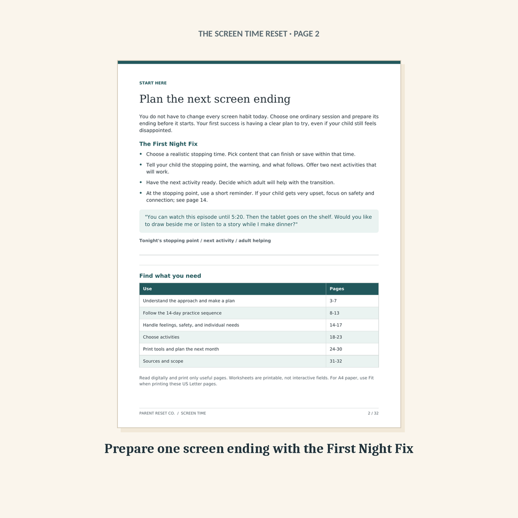 Page 2 of the guide, the First Night Fix: four steps for preparing one screen ending, with wording to try