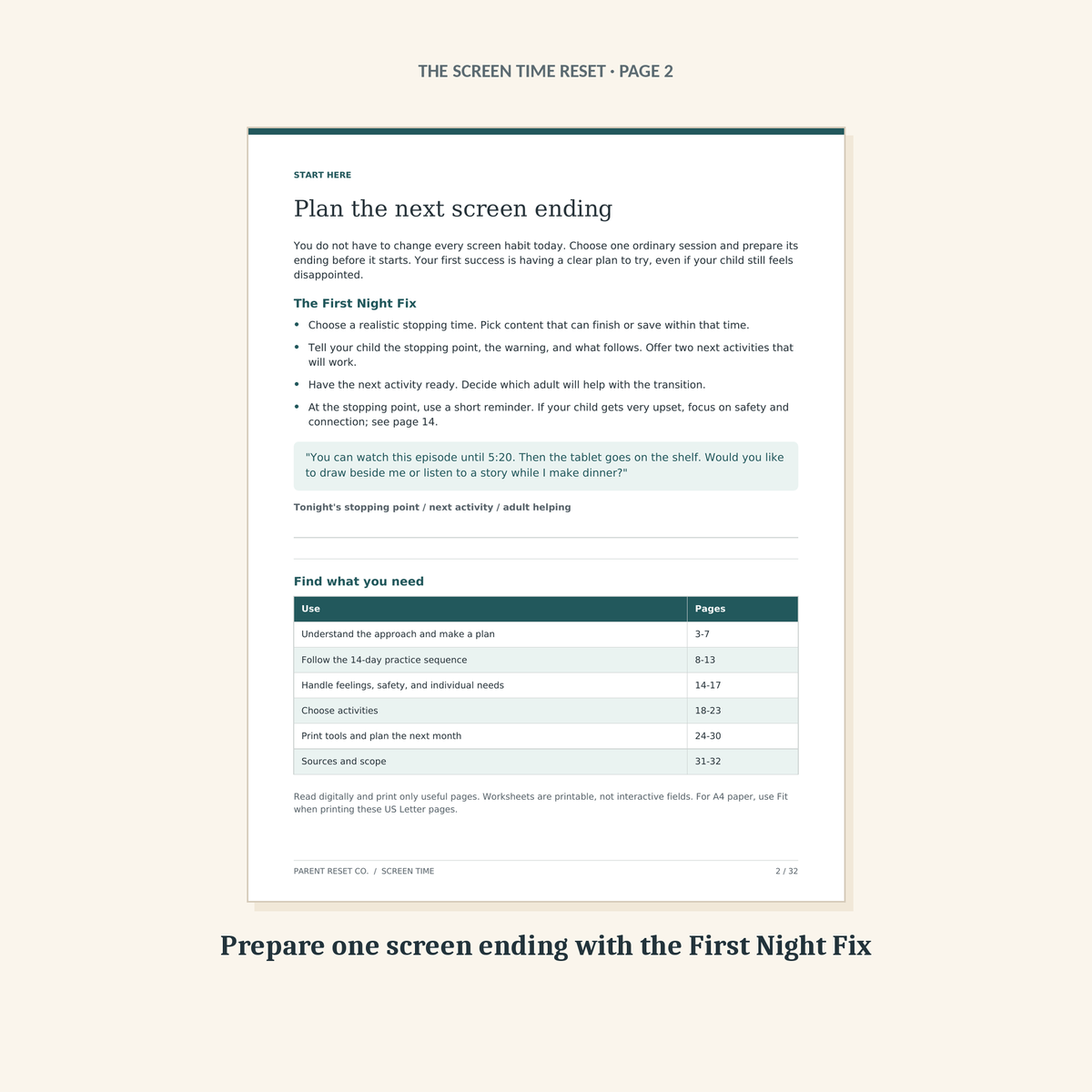 Page 2 of the guide, the First Night Fix: four steps for preparing one screen ending, with wording to try