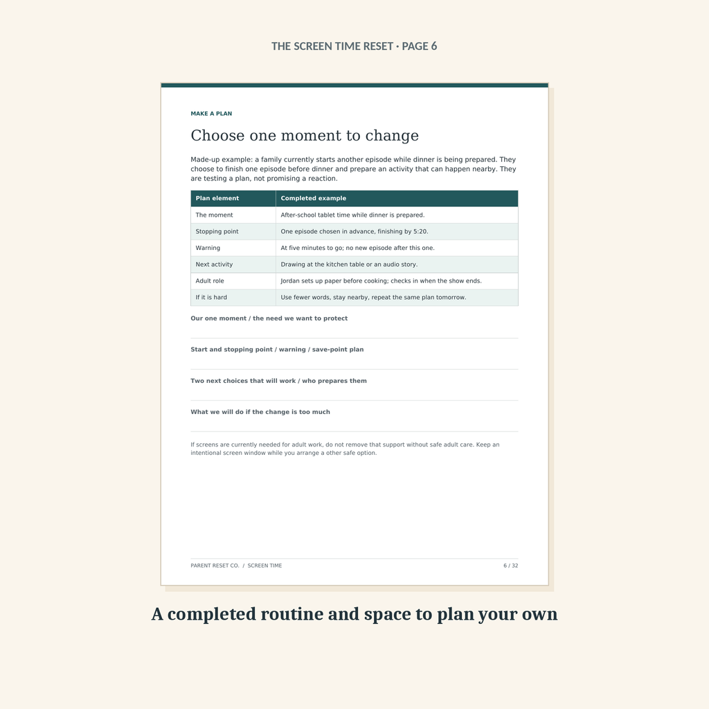 Page 6 of the guide: a completed example of one changed screen routine, with space to plan your own