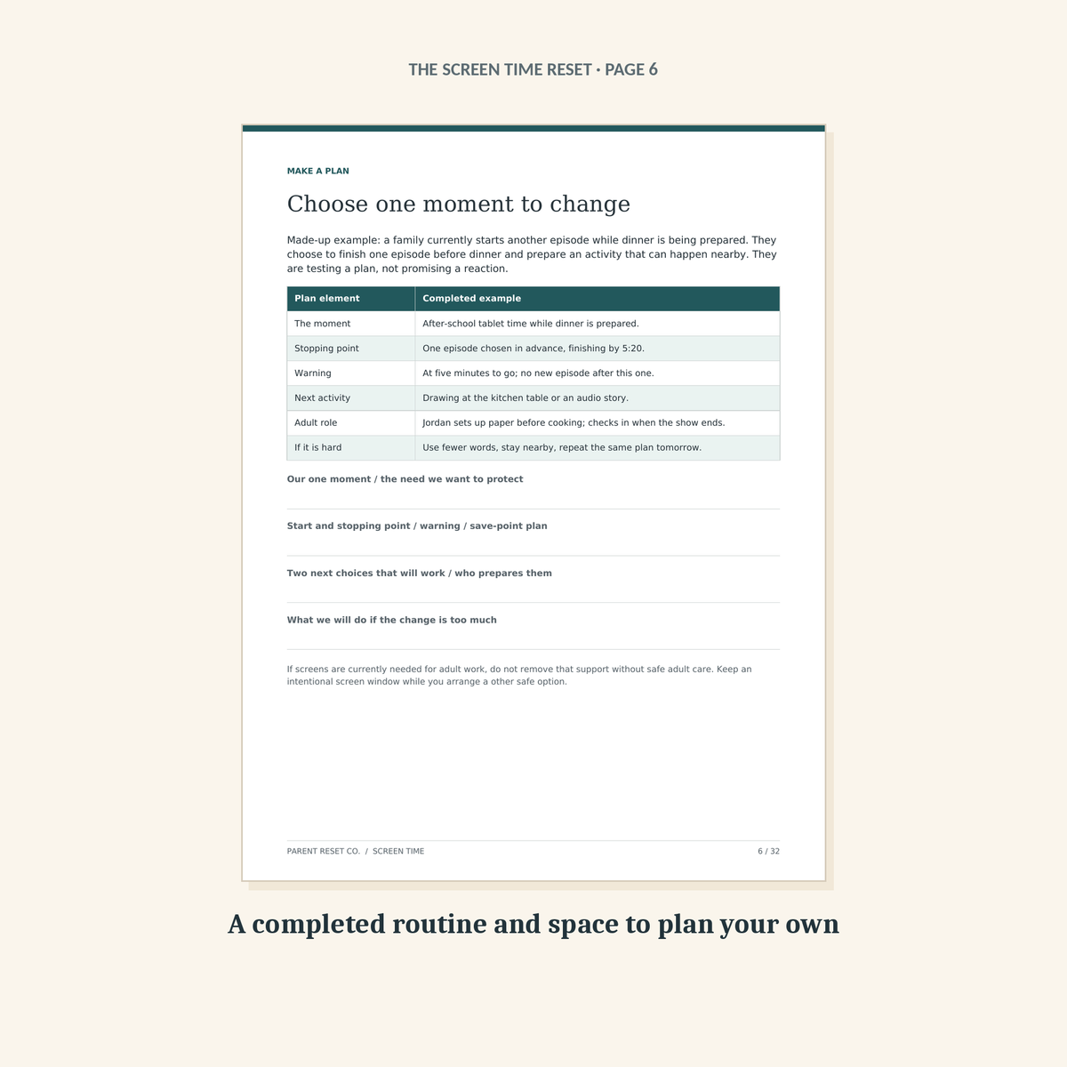 Page 6 of The Screen Time Reset: a completed example of one changed screen routine, with space to plan your own