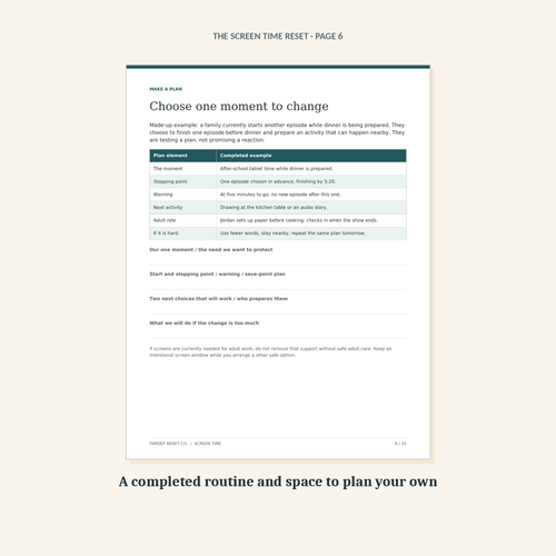 Page 6 of The Screen Time Reset: a completed example of one changed screen routine, with space to plan your own