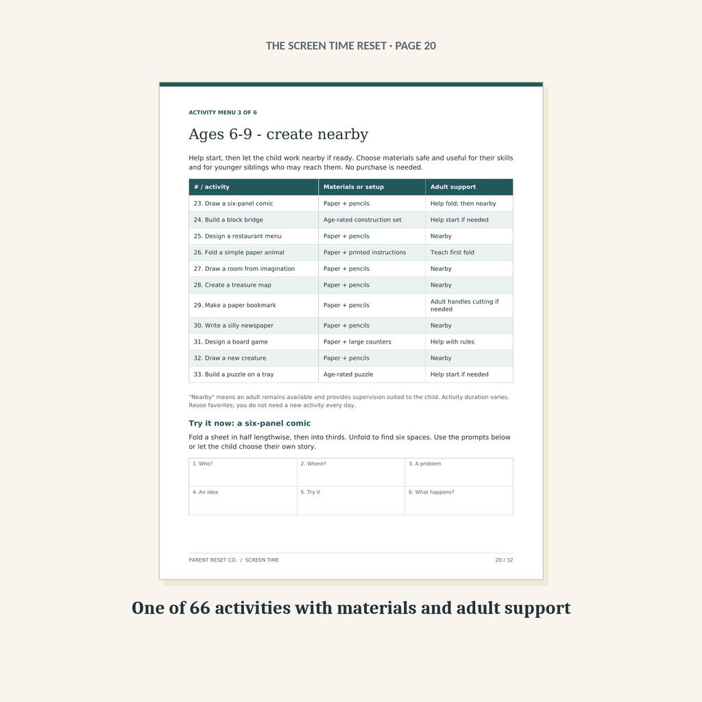 Page 20 of the guide: activities for ages 6 to 9, each listing the materials and the adult support it needs