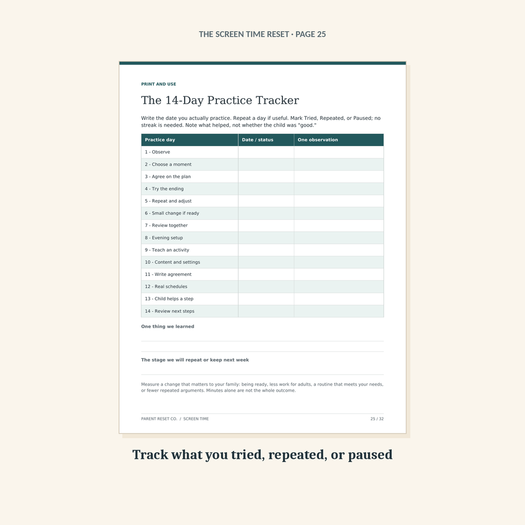 Screen-time practice tracker with space to record tried, repeated, or paused steps