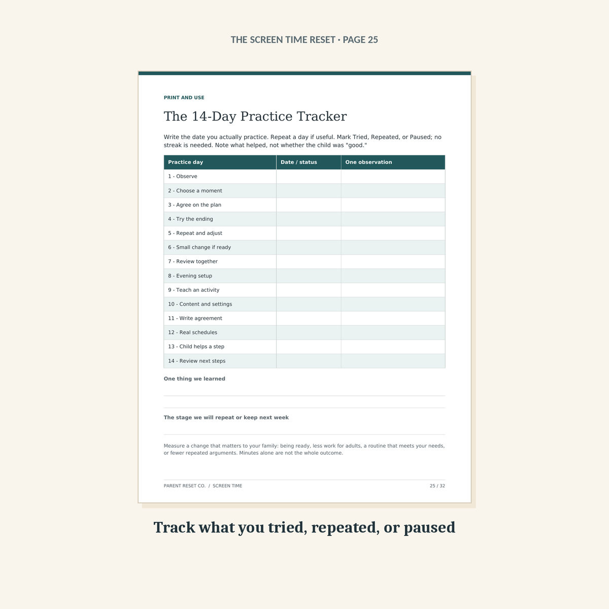 Screen-time practice tracker with space to record tried, repeated, or paused steps